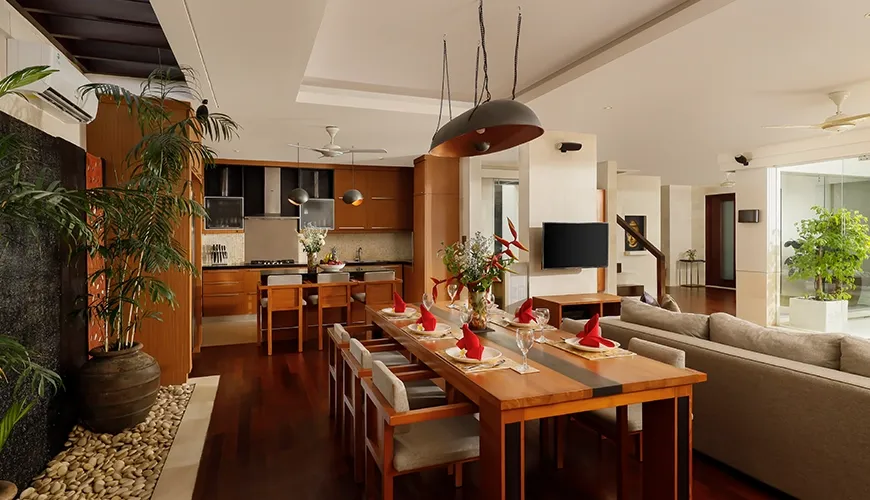 Modern Bali villa dining and gourmet kitchen at Villa Camellia