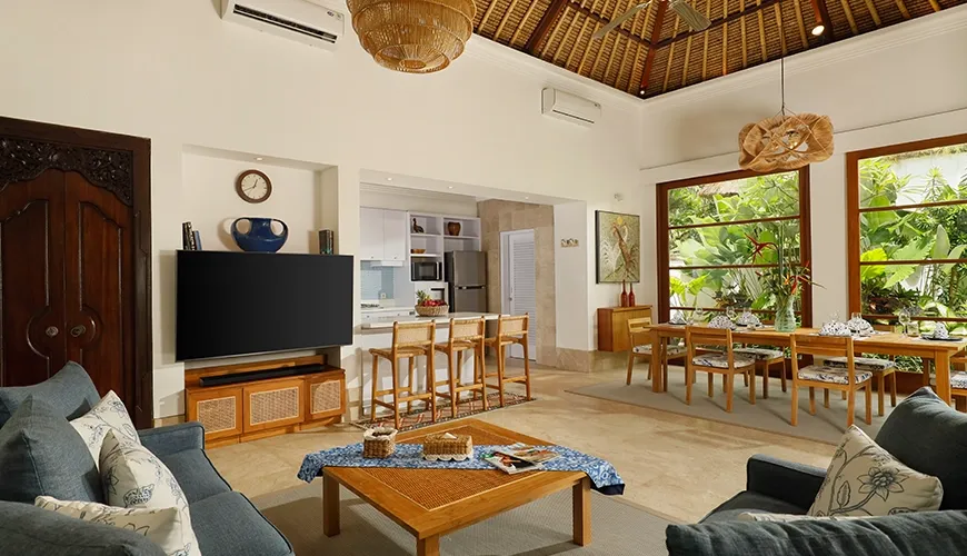 Spacious Bali villa living, dining, and kitchen area at Villa Edward