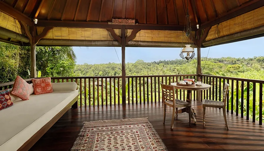 Bali villa balcony stunning tropical panoramic view at Villa Inka Ubud