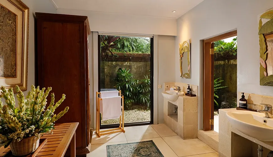Bali villa bathroom with private garden view at Villa Inka Ubud