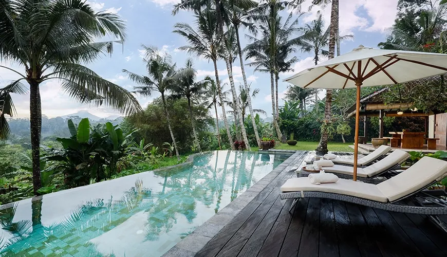 Bali villa infinity pool stunning rice paddies view at villa Inka Ubud
