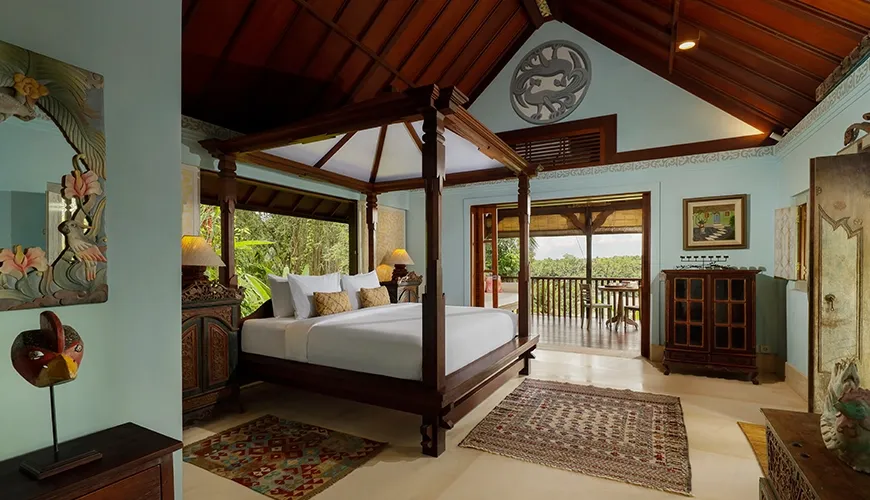 Spacious Bali bedroom with inviting balcony at Villa Inka Ubud