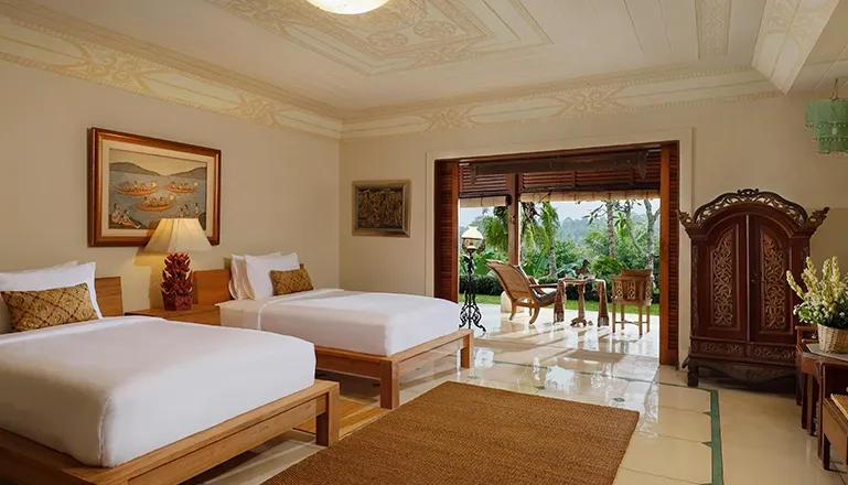 Traditional Bali room tropical terrace view at Villa Inka Ubud