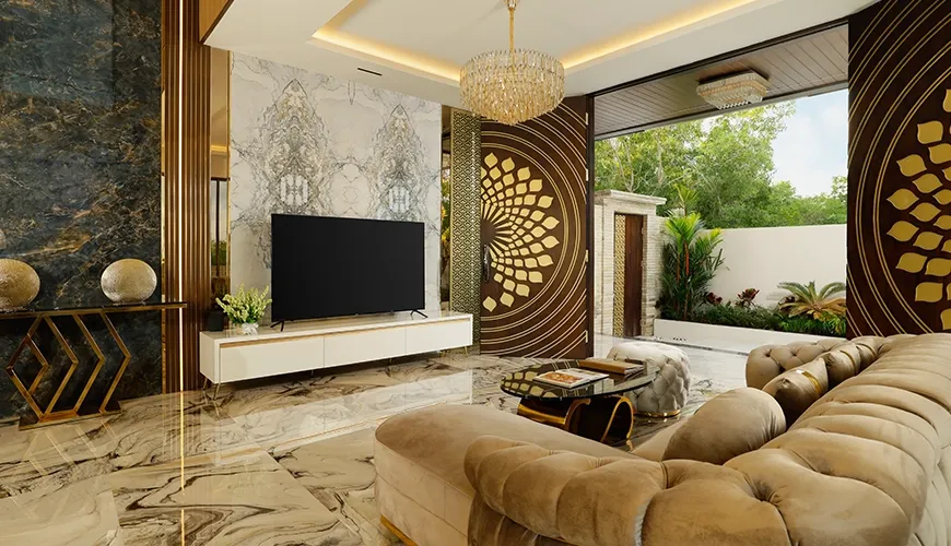 Luxurious living room elegant furniture gold accents large TV feature wall at Villa Kalem Uluwatu