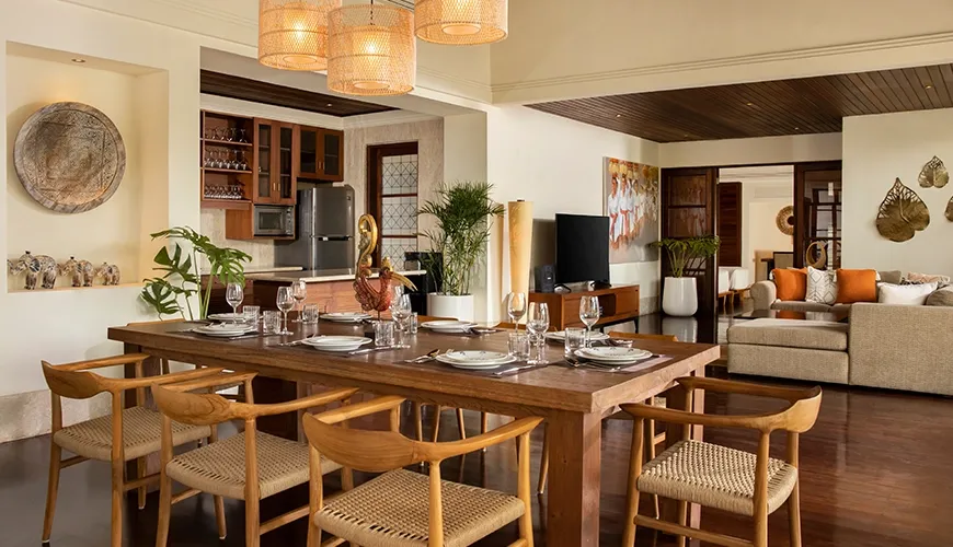 Spacious open-plan living dining kitchen area with high ceilings at Villa Ken