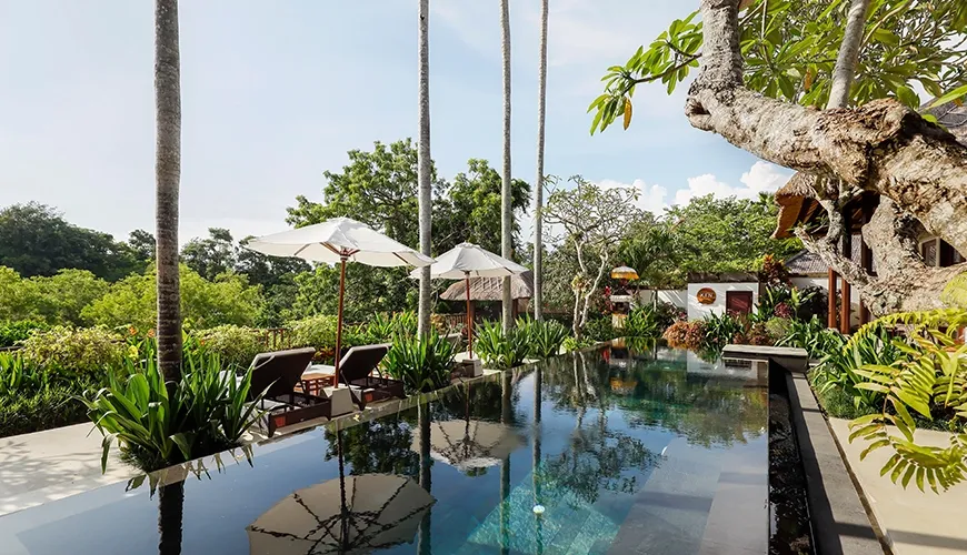 Stunning private villa swimming pool with sun loungers surrounded by lush tropical gardens at Villa Ken