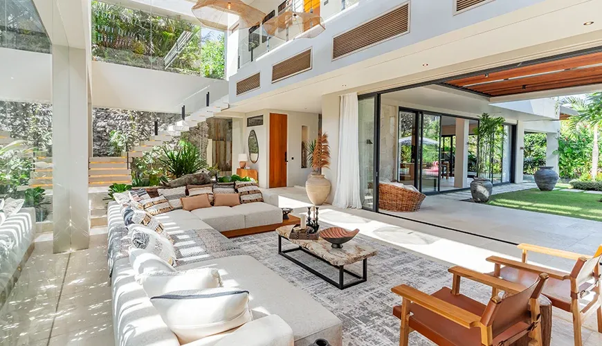 Comfortable living room with contemporary design and unique decor at Villa Morada