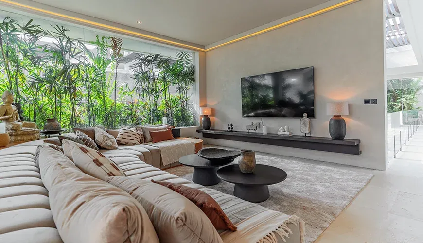 Dedicated media room with a large screen and comfortable seating at Villa Morada