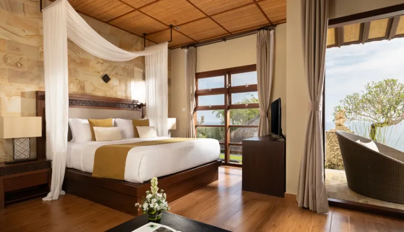 Luxury bedroom, private balcony, ocean views at Villa Nagasutra