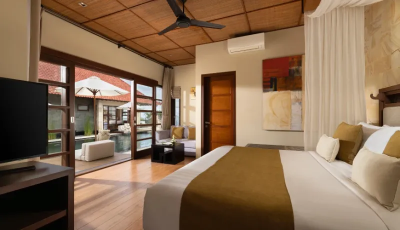 Luxury bedroom, private pool access, tranquil oasis at Villa Nagasutra