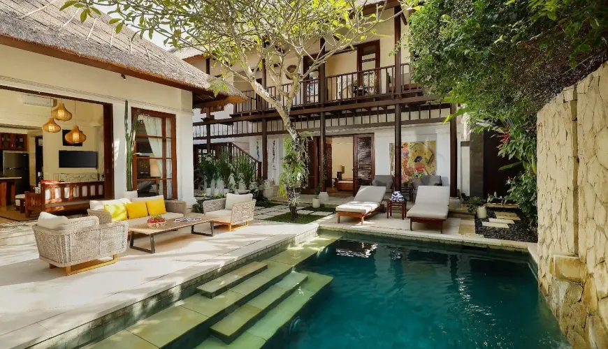 Luxury private pool, outdoor lounge area at Villa Nayra