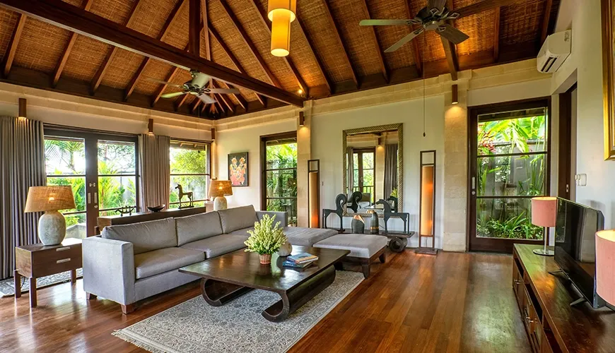 Luxury Bali villa living room with thatched roof at Villa Pulung Jimbaran