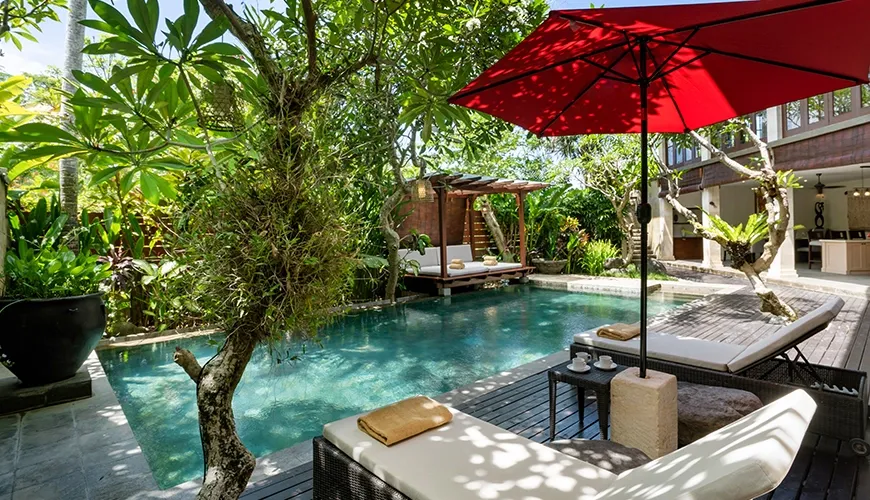 Serene Bali villa pool area, lush and private at Villa Pulung Jimbaran