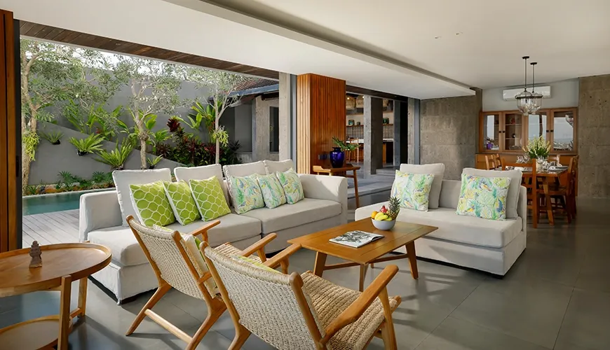 Modern Bali villa open-plan living with outdoor access at Villa Santos Cliff View