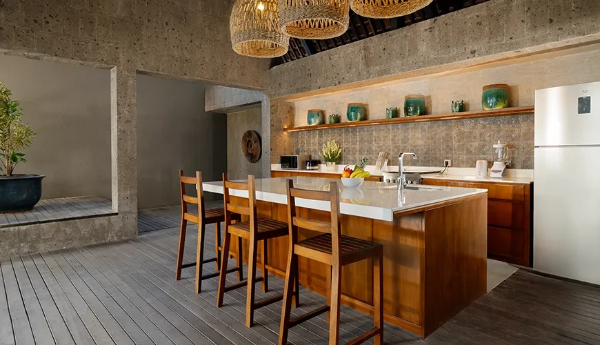 Sleek Bali villa kitchen with modern appliances at Villa Santos Cliff View