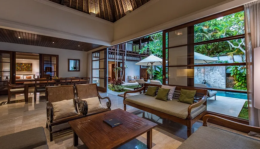 Inviting living space with views to pool and outdoor area at Villa Senada