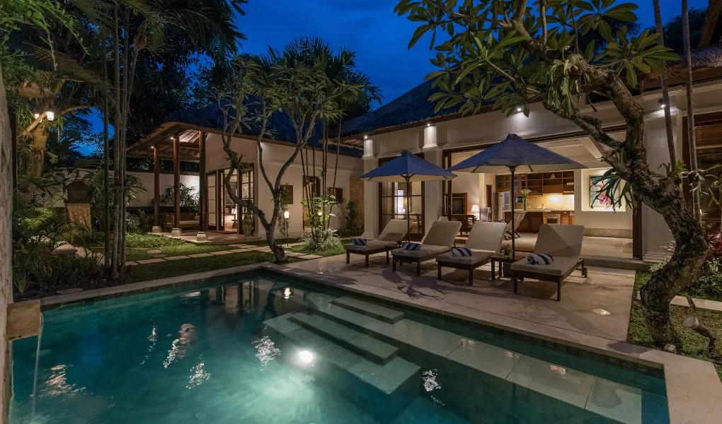Luxury Bali villa with private pool at dusk at Villa Senada