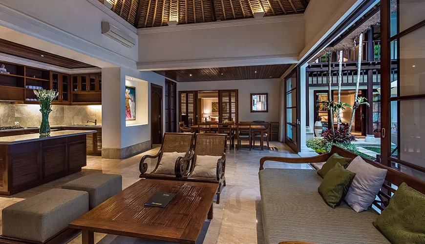 Spacious open living area with kitchen dining and outdoor views at Villa Senada