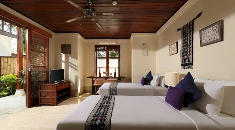 Elegant twin beds room, outdoor serenity, at Villa Shanti