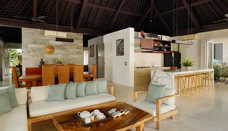 Open-plan villa dining area kitchen lounge space at Villa Tenang