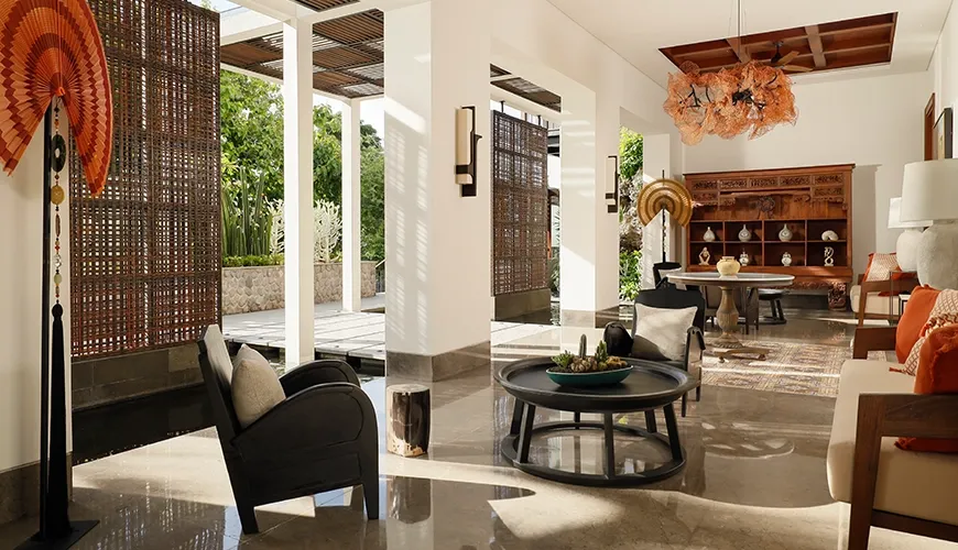 Luxurious Bali villa open lounge area at Villa The Tulou