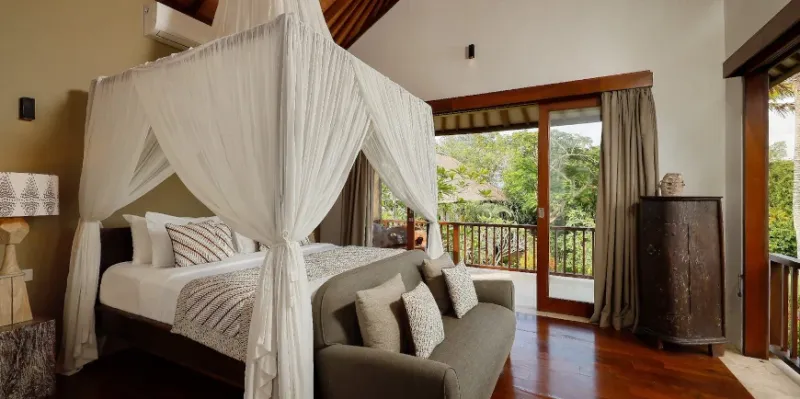 Tropical bedroom private balcony view at Villa Uma Nina
