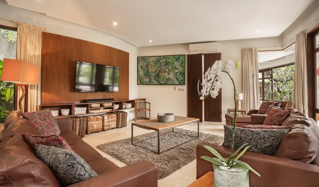 Luxurious living room with modern-tropical Balinese interior and decor at Villa Umah Daun