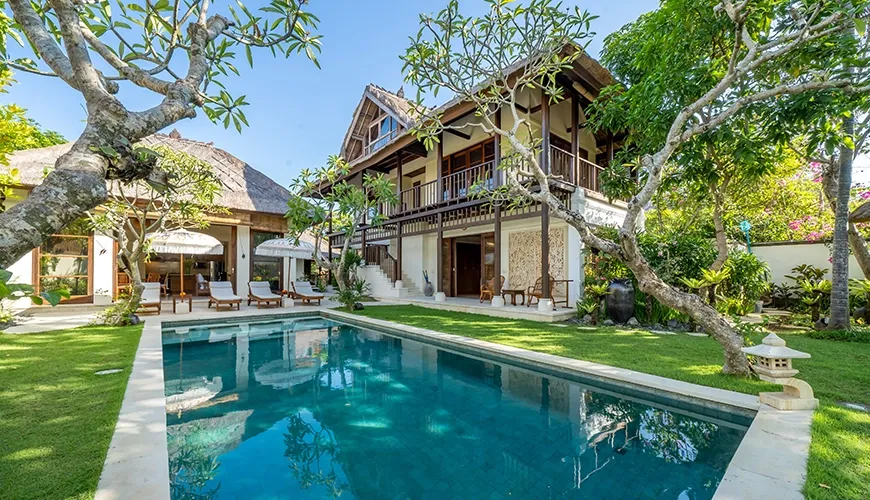 Aerial view of luxury villa with pool and lush gardens at Villa Yasmine